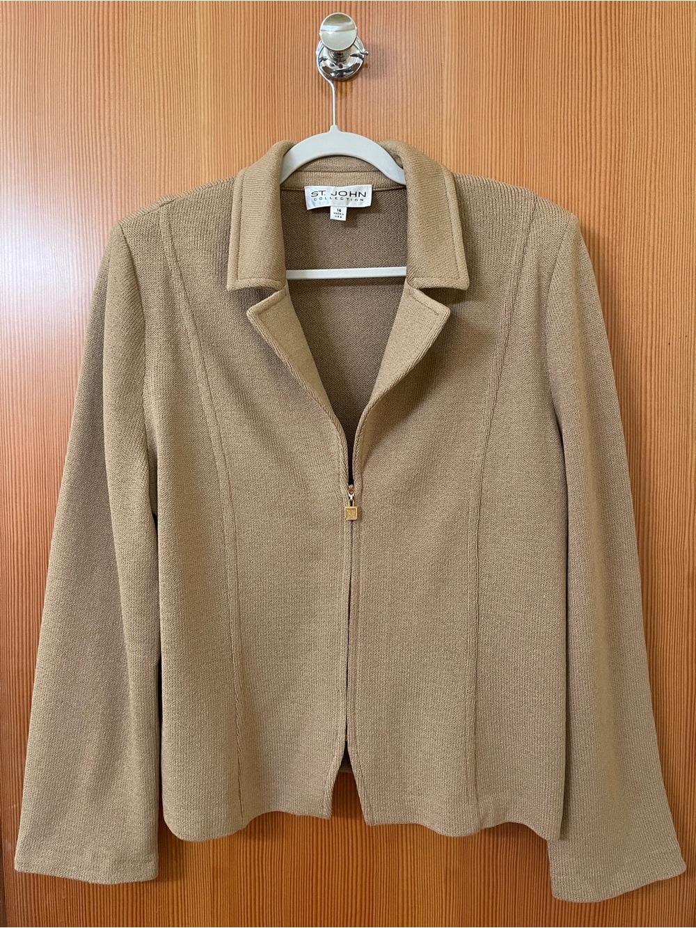 St. John Camel Knit Zip-Up Blazer - size 14